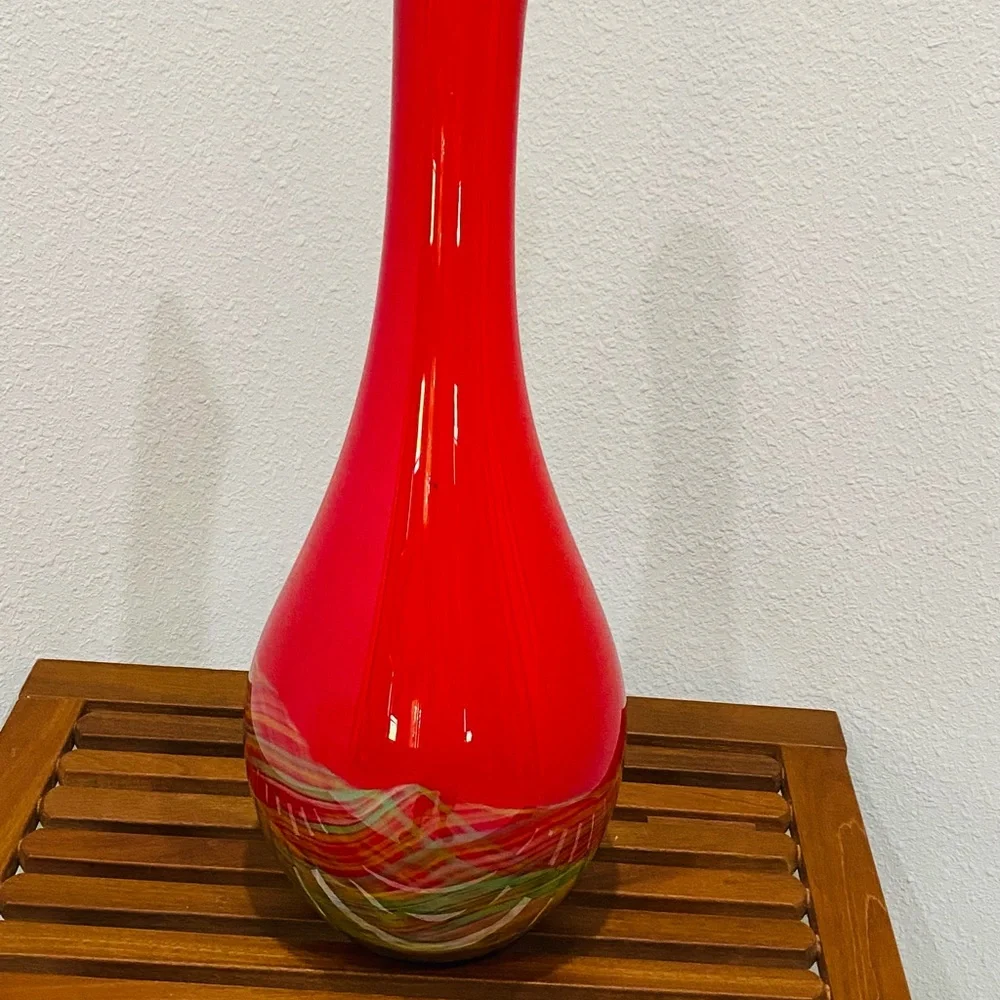 Vintage Murano Red Yellow & Green Art Glass Bottle Vase. Lizarri Glass Signature - Picture 11 of 11